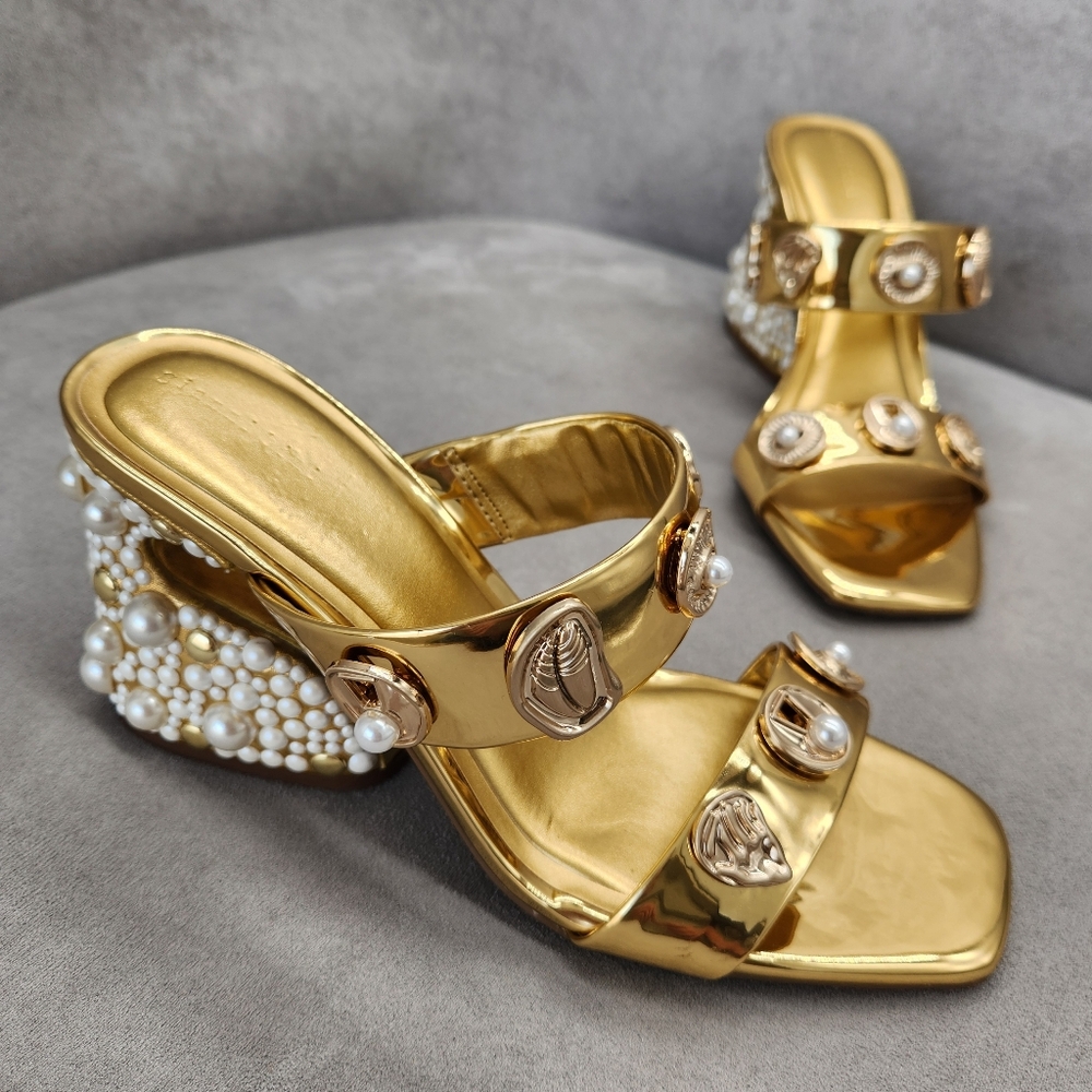Gianni Bini Dress Sandals 9.5 Gold Penei Architectural Chunky Jewel Heel New$150 - Picture 5 of 17
